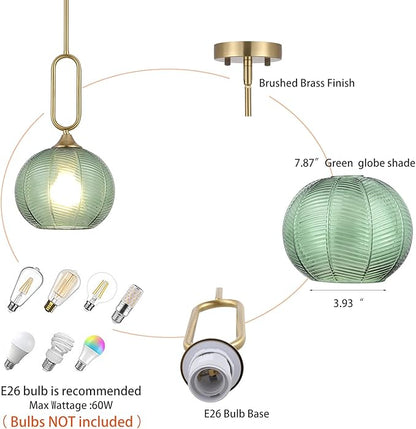 Green Glass Pendant Light Modern Globe Pendant Lighting Nordic Ribbed Gold Ceiling Hanging Chandelier with Brushed Brass Adjustable Rods Dining Room Kitchen Island Light Fixture