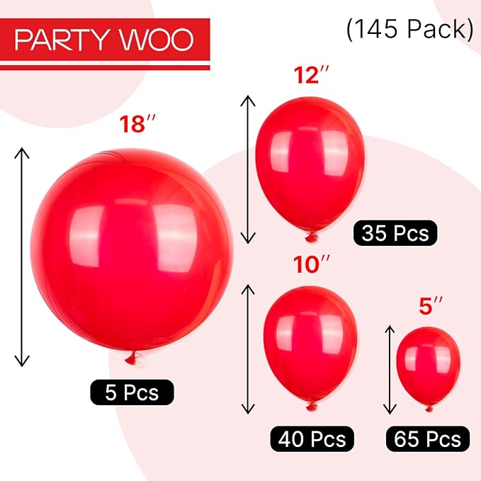 PartyWoo Red Balloons 145 pcs Different Sizes of 18 12 10 5 Inch Red Balloon Arch Kit Garland for Birthday Graduation Bachelorette Citizenship Anniversary Cherry Casino Theme Party Decorations Red-Y57