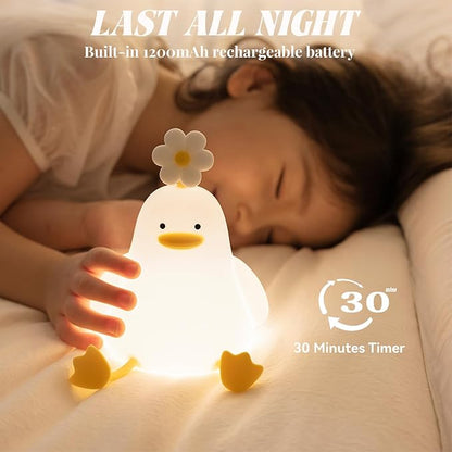 AVEKI Duck Night Light - Cute Duck Lamp Gifts for Baby and Kids - Rechargeable Nursery Night Lights with 3 Brightness Level, Touch Control, Soft Silicone Material, 30 Minutes Timer