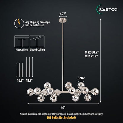 16-Light Globe Sputnik Chandelier, Mid Century Modern Light Fixture Over Table, Nickel Linear Chandeliers for Dining Room and Kitchen Island (Smoke Grey Glass Bubble Shades, 40 Inch)