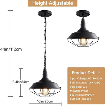 Industrial Pendant Lights 2 Pack Farmhouse Pendant Lights with Adjustable Chain, D10.2 Rustic Pendant Lighting Barn Black Metal Hanging Lights with Wire Cage for Kitchen Island Dining Room