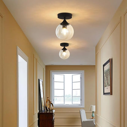 KCO Lighting Black Globe Semi Flush Mount Ceiling Light Modern Light Fixture Amber Glass Ceiling Light Rustic Bedroom Close to Ceiling Light Mid Century Modern Overhead Light