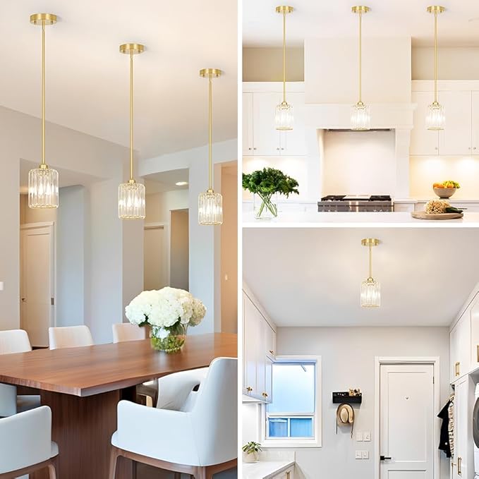 Lxybcce Brushed Gold Kitchen Pendant Lights Over Island with Adjustable Rods - Crystal Pendant Lighting Fixtures for Sloped Ceiling, Ideal Over Dining Table or Bar, E26 Bulb Compatible