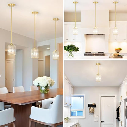 Lxybcce Brushed Gold Kitchen Pendant Lights Over Island with Adjustable Rods - Crystal Pendant Lighting Fixtures for Sloped Ceiling, Ideal Over Dining Table or Bar, E26 Bulb Compatible