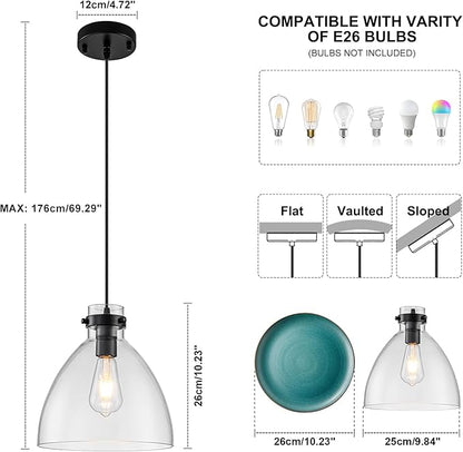 WILON Pendant Lights, Pendant Lights Kitchen Island, 1-Pack Black Farmhouse Pendant Light Fixtures with 9.8" Round Glass Shade for Dining Room Over Table Sink Bar Foyer