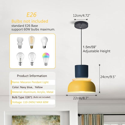 2-Lights Mid Century Pendant Light Kitchen Window Nordic Hanging Lights Yellow Colorful Drum Shade Unique Aluminum Dome Lampshade Adjustable Pendant Lighting Schoolhouse Light Fixture