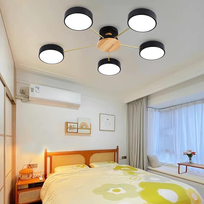 LED Ceiling Light Fixture,32 Inch 5-Lights Modern Ceiling Lights Flush Mount Wooden 40W Dimmable Chandelier for Living Room Bedroom Kitchen,3000K/4000K/6000K Temperatures Selectable Black