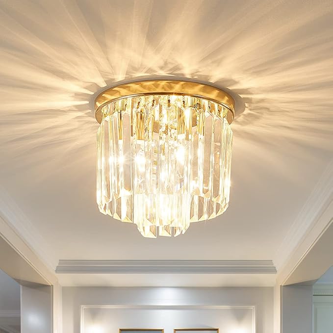 Modern Ceiling Light Crystal Chandelie,2-Tier French Gold Flush Mount Pendant Lighting Fixture for Kitchen Island Light Living Room Bedroom (3-Lights)