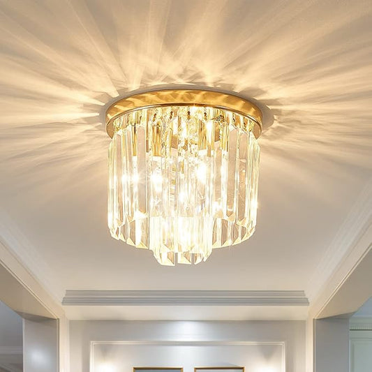 Modern Ceiling Light Crystal Chandelie,2-Tier French Gold Flush Mount Pendant Lighting Fixture for Kitchen Island Light Living Room Bedroom (3-Lights)