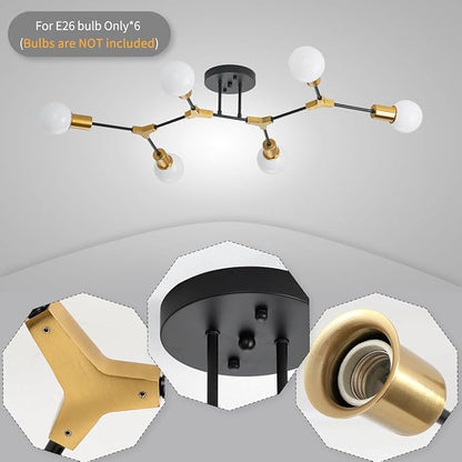 Modern Mid Centur 6 Light Semi Flush Mount Ceiling Lighting Fixture for Living Room Bedroom Dining Room Hallway Kitchen Office,Minimalist Gold and Black Sputnik Chandelier