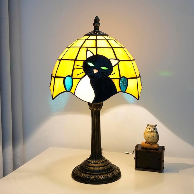 Tiffany Stained Glass Small Cat Table Lamp Elegant Cute Vintage Style White Black Cat Lamp for Nightstand Bedroom Home Decor Kitchen Counter Antique Living Room Office Desk Bedside Night Lamps