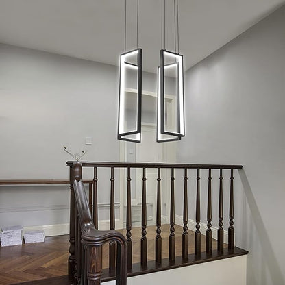 Modern Kitchen Island Dimmable Pendant Light Fixture Black 54W LED Pendant Lights 4 Rings Rectangular Chandelier Staircase Large Chandelier Lobby Living Room Foyer High Ceiling Chandeliers