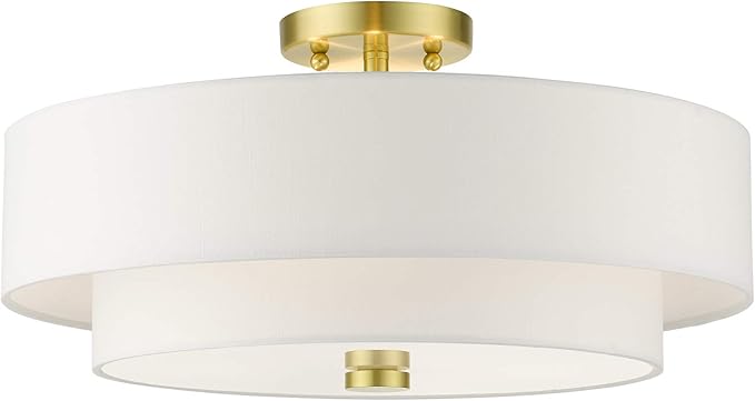 Livex Lighting 51045-12 Meridian Collection 4-Light Semi Flush Mount Ceiling Light with Off-White Hardback Fabric Shade, Satin Brass, 18 x 18 x 9