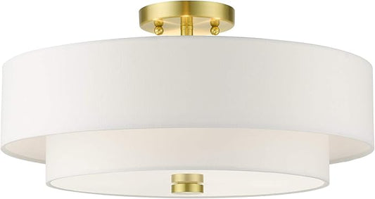 Livex Lighting 51045-12 Meridian Collection 4-Light Semi Flush Mount Ceiling Light with Off-White Hardback Fabric Shade, Satin Brass, 18 x 18 x 9