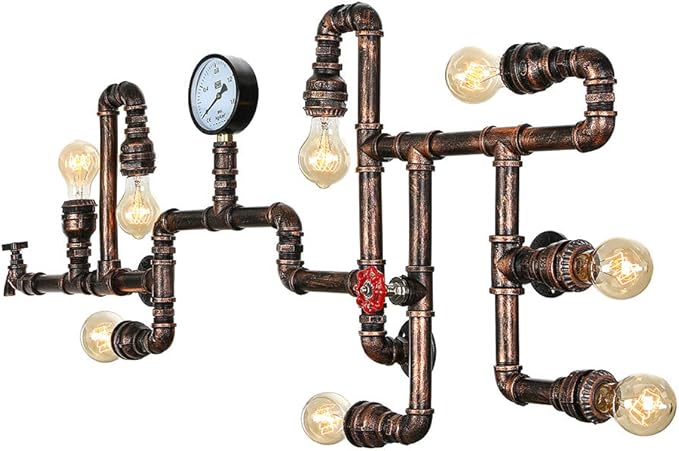 LITFAD Industrial Wall Sconce Vintage 47" Multi Lights Farmhouse Wall Light with 8 Lights and Water Pipe Bar Style Antique Wall Lamp for Living Room, Hallway, Restaurant