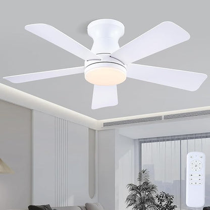 41" Low Profile Ceiling Fans with Lights and Remote, White Indoor Ceiling Fan Light with Quiet Reversible DC Motor,Modern Flush Mount Ceiling Fans with Dimmable LED for Bedroom Kitchen