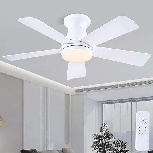 41" Low Profile Ceiling Fans with Lights and Remote, White Indoor Ceiling Fan Light with Quiet Reversible DC Motor,Modern Flush Mount Ceiling Fans with Dimmable LED for Bedroom Kitchen