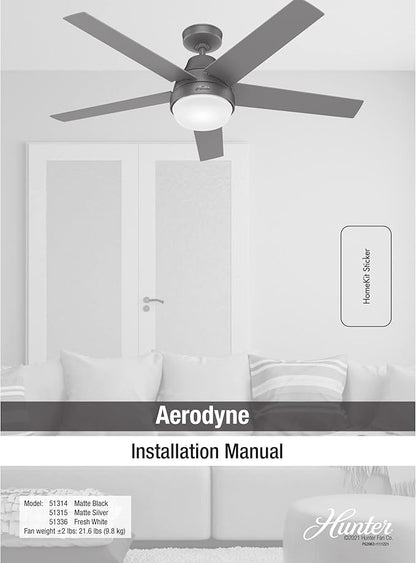 Hunter 52 inch Indoor Ceiling Fan with LED Light and Remote Control - Silver Modern Smart Ceiling Fan, Standard Mount, 5 Blades, For Bedroom, Living Room, or Kitchen - Aerodyne 51315, Matte Silver