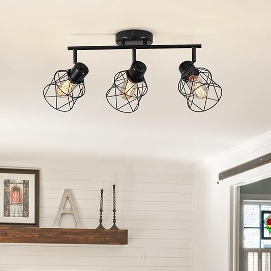 3 Lights Adjustable Multi-Directional Black Light Fixtures, Semi Flush Mount Ceiling Light, Kitchen Light Fixtures, Track Lighting Fixtures Metal Cage Industrial Spotlight Fixtures for Dining Room