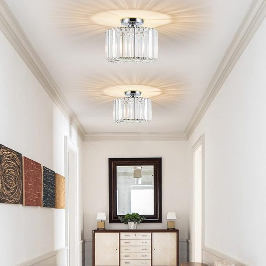 HOPGGIE 10.6" Semi Flush Mount Ceiling Light Mini Small Crystal Chandeliers Modern Hallway Light Fixtures Ceiling Flush Mount Ceiling Light Fixture for Entryway Bedroom Bathroom Living Room