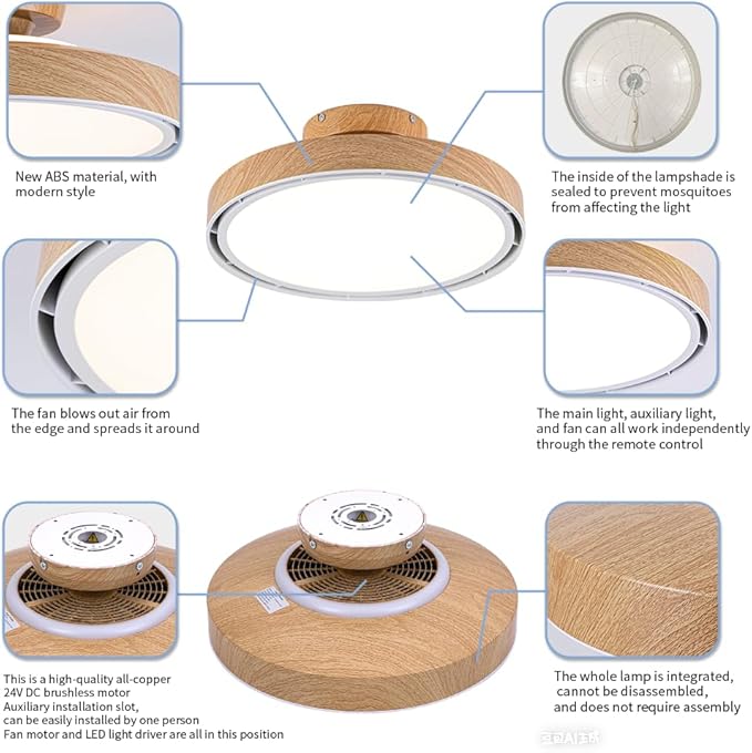 Bladeless Ceiling Fans with Lights and Remote, Flush Mount Modern Ceiling Fan with Light, 6 Speeds, Stepless dimming & 3000-6000K CCT LED Lights for Bedroom, Living Room (Light Walnut)