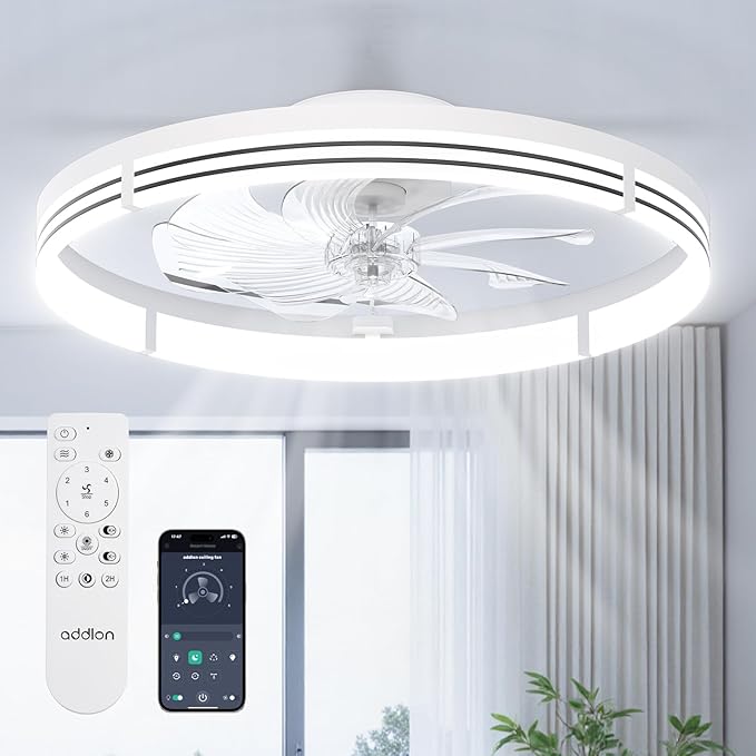 addlon Ceiling Fans with Lights and Remote, 24'' Low Profile Ceiling Fans, 3000-6000K Dimmable Modern Flush Mount LED Fan Light, Fandelier Ceiling Fan for Bedroom, Kitchen, Living Room, White