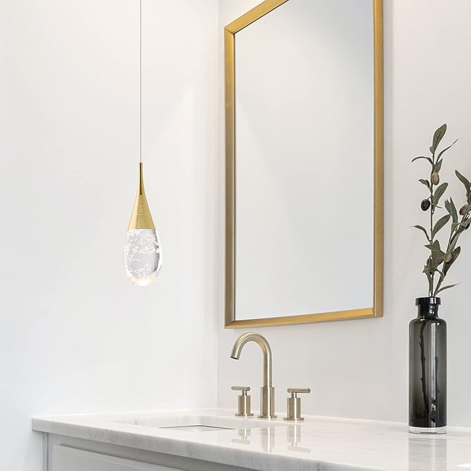 JoollySun Mini Crystal Pendant Light: 1-Light Teardrop Dimmable 3-Color LED Pendant for Kitchen Island Bathroom - Polished Gold