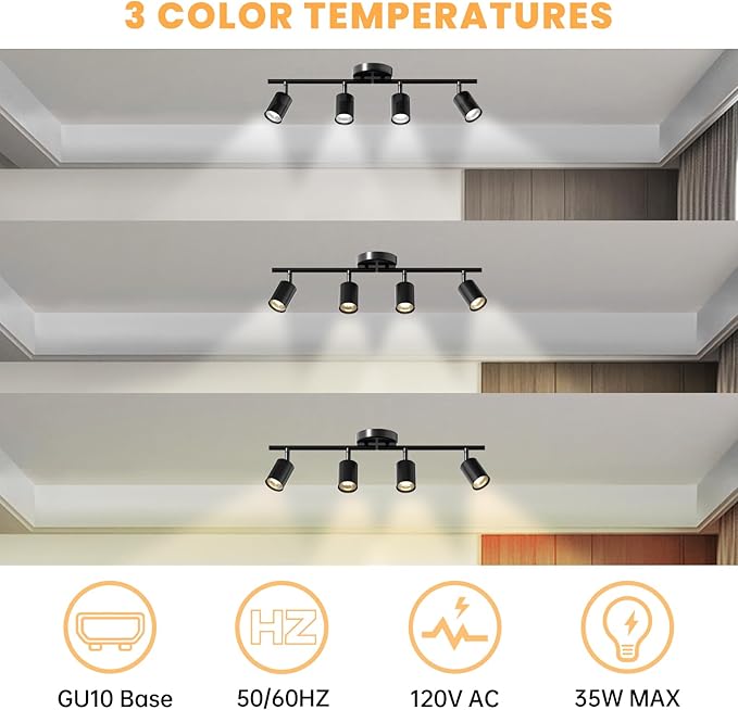 LED 4 Light Track Lighting Kit, Black Ceiling Spotlights, Modern Track Light Fixture with Flexibly Rotatable Light Heads for Kitchen, Living Room, Bedroom, Includes 4 x GU10 Bulb