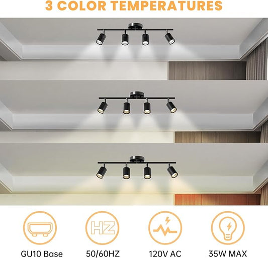 LED 4 Light Track Lighting Kit, Black Ceiling Spotlights, Modern Track Light Fixture with Flexibly Rotatable Light Heads for Kitchen, Living Room, Bedroom, Includes 4 x GU10 Bulb
