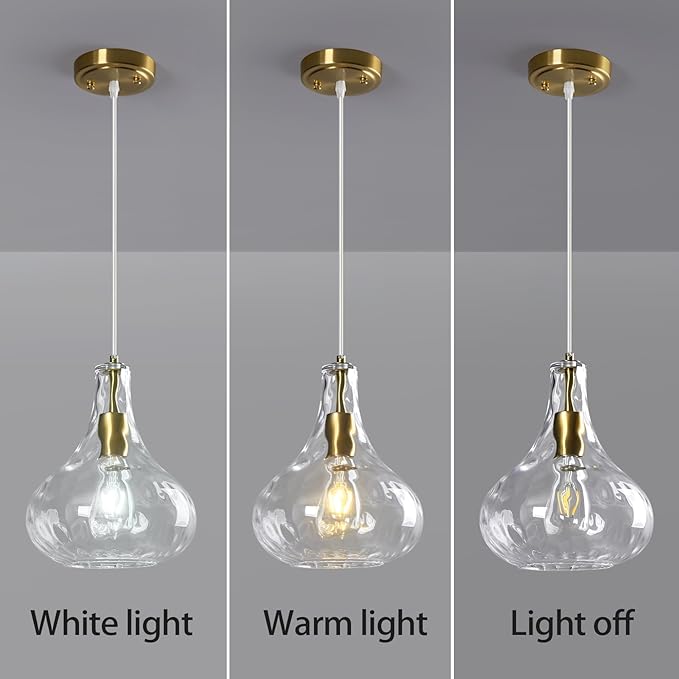 Modern Glass Pendant Light 9.44 in Clear Hammered Glass Shade Gold Farmhouse Island Pendant Lights for Kitchen Pendant Lighting Over Sink Bedroom Dining Room (1 Pack)