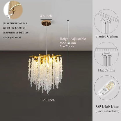 Crystal Tree Branch Chandelier Gold Roud Raindrop Pendant Light Tassel Ceiling Hanging Light Fixtures for Bedroom Living Room Dining Room Entryway Dia 12"