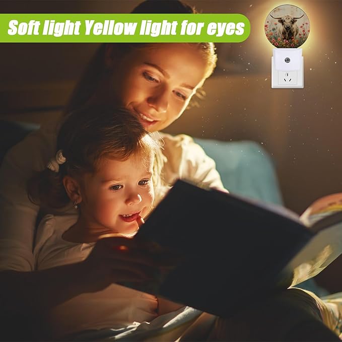 Highland Cow Night Light,Flowers Night Lights Plug into Wall for Kitchens Toilets Bedroom Decorative Half Round Nightlight Led Lamp 0.5W Sleep Friendly