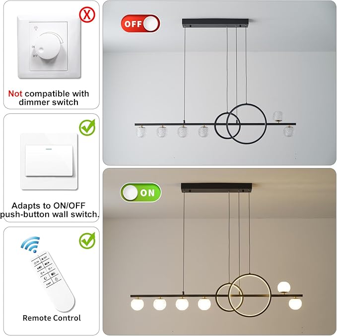 ORANOOR Modern Black Gold Chandeliers for Dining Room, 47in Dimmable LED Chandelier Linear Pendant Light for Kitchen Island, Upgraded 6 Globe Hanging Pendant Chandelier Lighting (2 Rings, 4200lm)