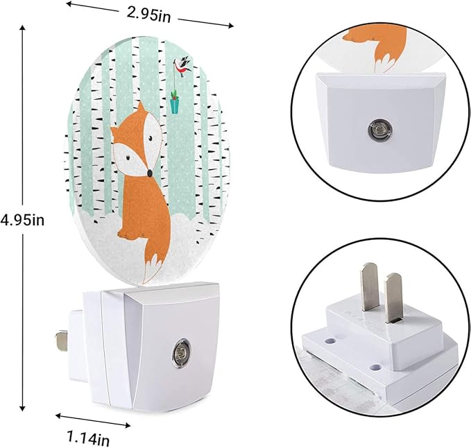 EKOBLA Winter Fox Plug-in Night Light, Fox & Bird in Snowy Birch Forest LED Nightlight with Auto On/Off for Kids Room, 0.5W