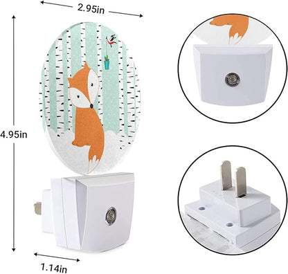EKOBLA Winter Fox Plug-in Night Light, Fox & Bird in Snowy Birch Forest LED Nightlight with Auto On/Off for Kids Room, 0.5W