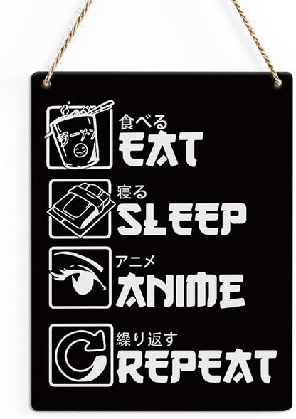 Anime Decor,Eat Sleep Anime Repeat Sign,Rustic Anime Lovers Wooden Hanging Plaque Anime Merch Gifts for Home Living Room Girl Bedroom Wall Art Decoration