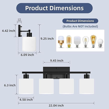 SILAMPDI Black Bathroom Light Fixtures Over Mirror, 4-Light Vanity Lights for Bathroom, Modern Wall Sconces Lighting for Bedroom Living Room, Milky White Glass Shades, E26 Base, Bulbs Not Included