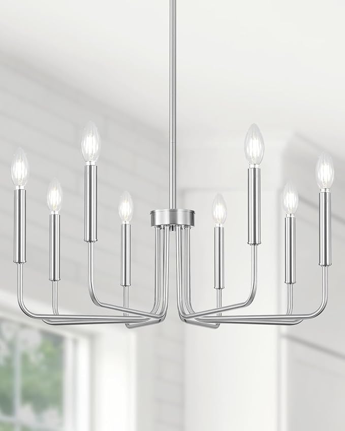 Yunnix 8 Light Brushed Nickel Chandelier - Modern Farmhouse Chandelier for Dining Room Light Fixture - 28" Silver Chandelier for Kitchen Island Lighting, Foyer and Living Room