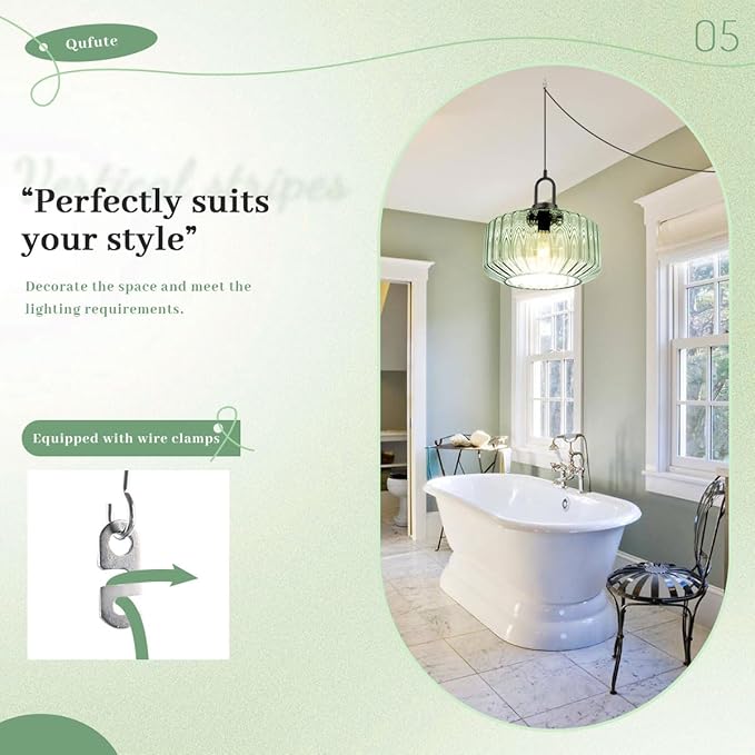 Plug-in Hanging Lamp Light Green Pendant Lights with 14.7 ft Cord Vintage Large Striped Glass Pendant Lamp Modern Glass Hanging Light Plug in Chandelier Lighting Mid Century Swag Lamp