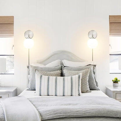 Modern Brushed Nickel Plug in Wall Sconce Set of 2, Wall Light Fixture with Milky White Globe Glass Lampshade, Wall Lamp with Plug in Cord, Art Deco Wall Light for Bedroom Living Room Hallway