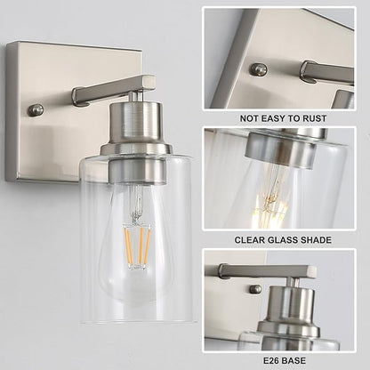 Modern Wall sconces Set of 2，Bathroom Vanity Light fixtures, Brushed Nickel Wall Light with Glass Shade, Farmhouse Wall sconces for Mirror,Bedroom,Living Room，1-Lights
