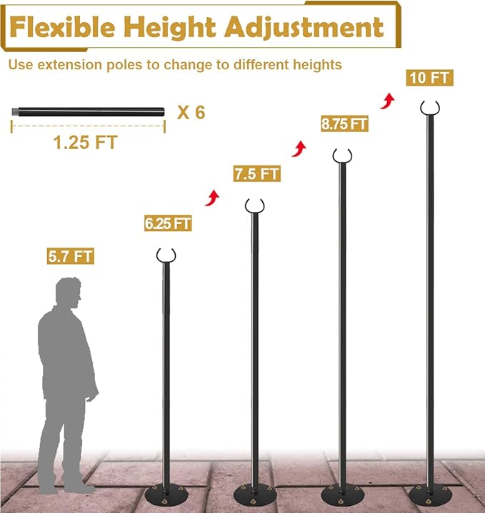 10 FT Outdoor String Light Pole Stand for Hard Ground, Adjustable Globe Patio Light Post for Hanging Outside Decorate Lighting, 2 Packs