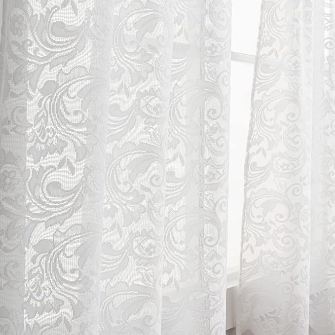 ALIGOGO Floral Lace Kitchen Curtains and Valances Set 3 Pc 24 inch Length Cottage Sheer Cafe Curtains with Valance Boho Country Farmhouse Decor for Office Laundry Bathroom RV,52" x 24" White