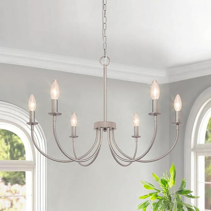 6-Light Farmhouse Chandelier for Dining Room, Brushed Nickel Dining Room Light Fixtures, Industrial Vintage Candle Chandeliers for Living Room, Bedroom, Foyer, Kitchen, Entryway