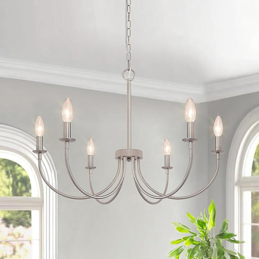 6-Light Farmhouse Chandelier for Dining Room, Brushed Nickel Dining Room Light Fixtures, Industrial Vintage Candle Chandeliers for Living Room, Bedroom, Foyer, Kitchen, Entryway