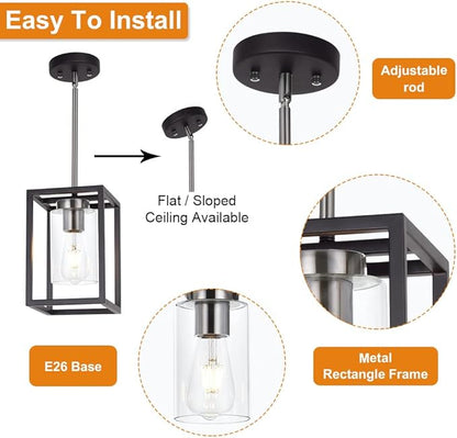 Single 1 Light Black and Brushed Nickel Modern Glass Pendant Light Industrial Modern Metal Chandelier with Clear Glass Shade for Dining Room Kitchen Island Foyer Cafe