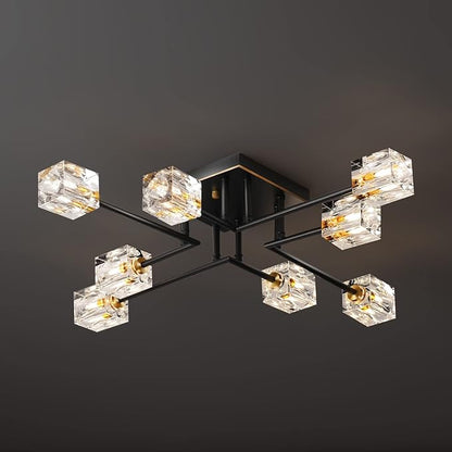 8-Lights Semi Flush Mount Ceiling Light Fixture,Black and Gold Modern Crystal Chandeliers,Farmhouse Lighting Fixtures for Dining Room Living Room Kitchen Bedroom Entryway