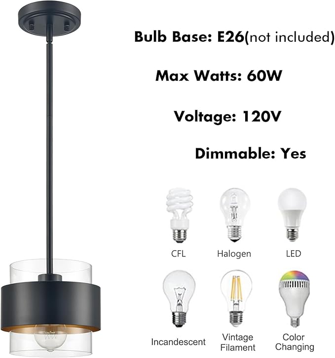 CLAXY Pendant Lights Kitchen Island Black Rod Hanging Kitchen Pendant Light Fixture, Clear Glass Cylinder Shade
