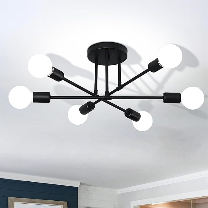 SPOLI Sputnik Ceiling Light Fixture, Dining Room Chandelier, Modern 6-Light All Black Industrial Pendant Semi Flush Mount for Kitchen Living Bedroom, E26 Base, Bulbs Not Included