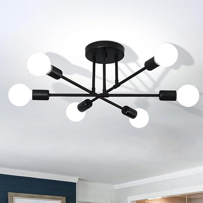 SPOLI Sputnik Ceiling Light Fixture, Dining Room Chandelier, Modern 6-Light All Black Industrial Pendant Semi Flush Mount for Kitchen Living Bedroom, E26 Base, Bulbs Not Included